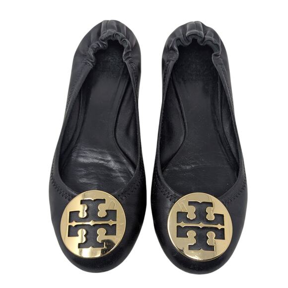 Tory Burch Minnie Black Leather Ballet Flats Gold Logo Size 8.5 - Picture 1 of 6